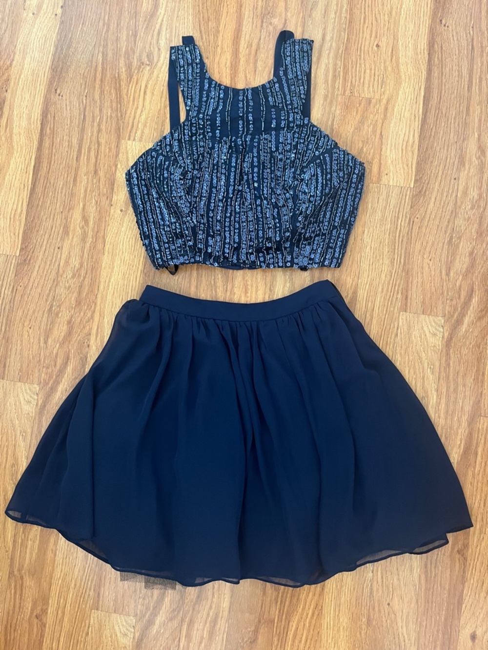 Navy Embellished Crop Top and Navy Skirt Set